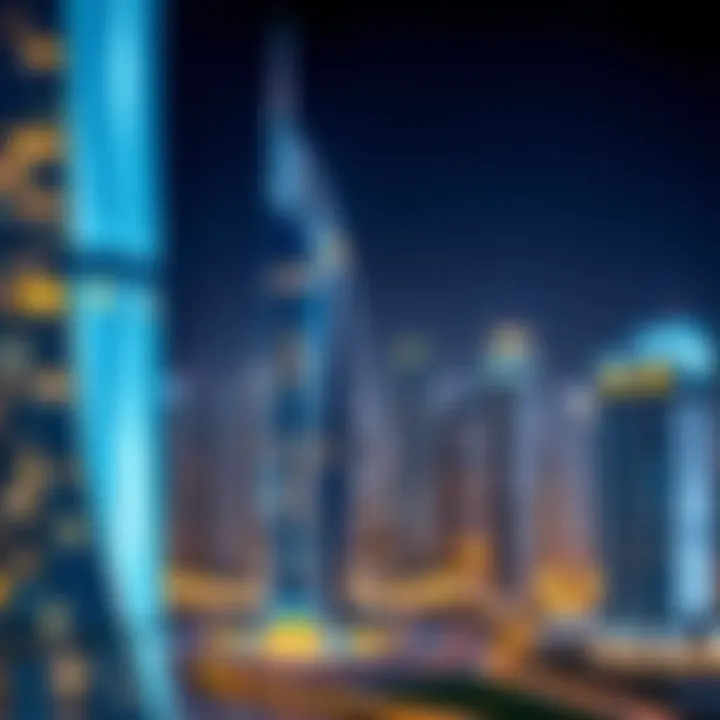 Night view of Bugatti Tower illuminated against the Dubai skyline