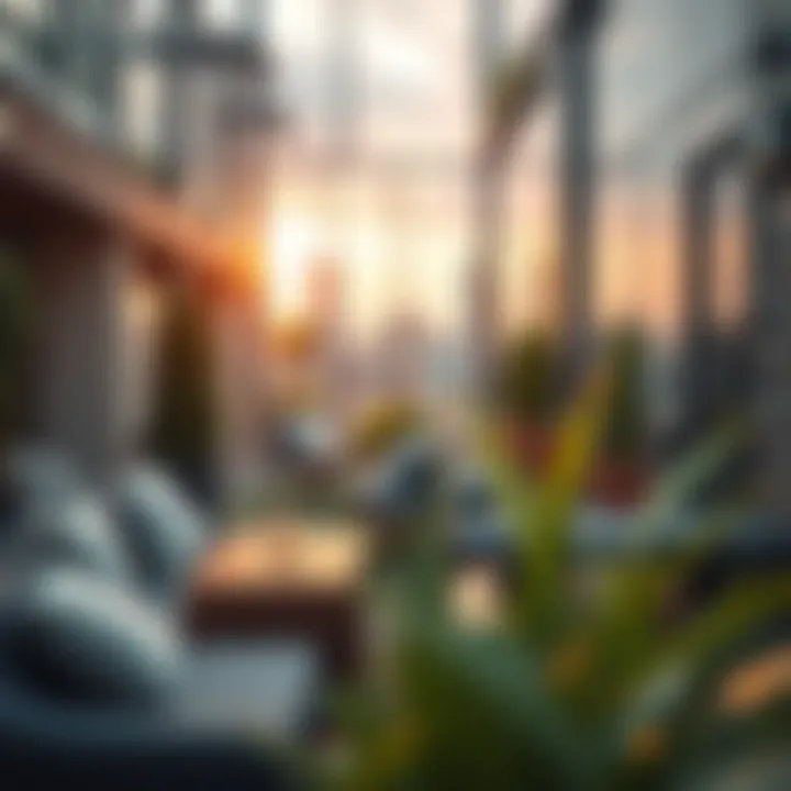 A serene sky garden setting with seating areas, promoting relaxation amidst the urban environment.