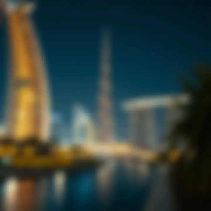 Night view of Al Burj Al Shamikha illuminating the Dubai landscape